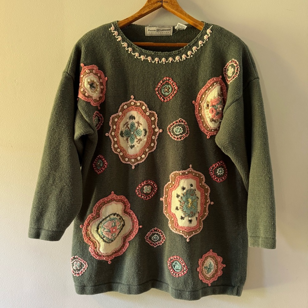 Vintage Maggie‎ Lawrence Embroidered Knit Sweater Cottage Grandma Ramie, Large